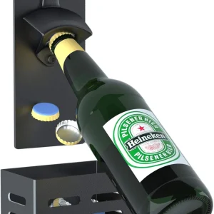 Magnetic Bottle Opener with Cap Catcher, Man Cave Accessories Removable Wall Mou
