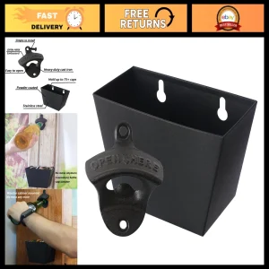 Wall Mounted Black Cast Iron Beer Bottle Opener with Cap Catcher & Bucket