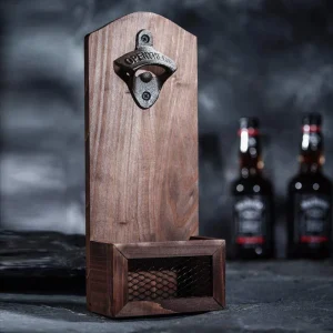 Wall Mounted Wooden Bottle Opener with Cap Collector Catcher Gift for Men
