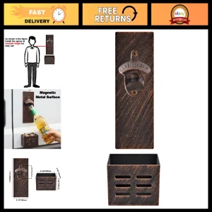 Wall Mounted Magnetic Beer Bottle Opener with Cap Catcher - Rustic Stainless Ste