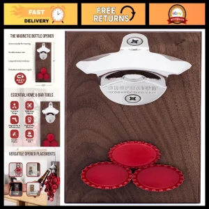 Magnetic Wall Mount Bottle Opener with Auto Catch | Beer Cap Catcher | Walnut Fi