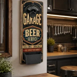 Garage Beer Bottle Opener Wall Mount Cap Catcher Wood Bar Decor Mechanic Gift